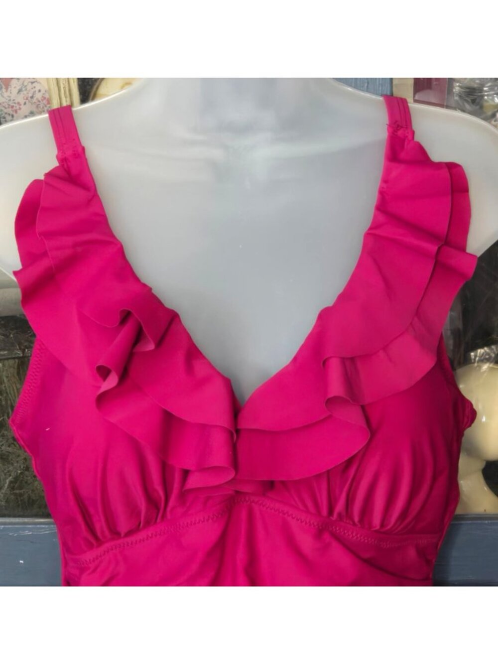 One Piece Figure Flattering Swimsuit M Red Fuchsia Ruffled Adjustable Ruched - Picture 2 of 9